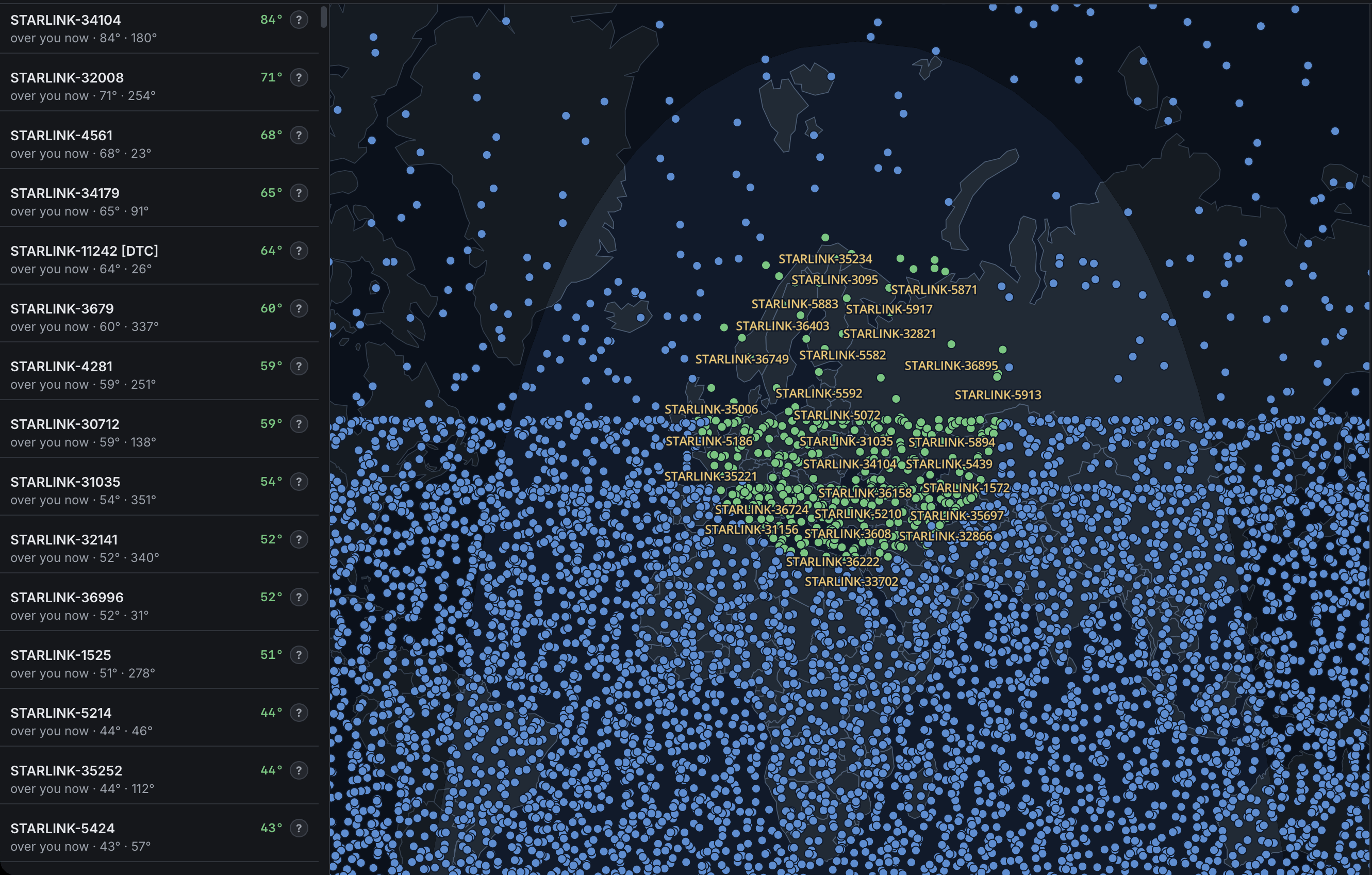 Starlink: the whole constellation on the map, the satellites over you in green
